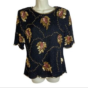 Holiday Party Stenay VTG 80’s Women’s Silk Sequined Beaded Top Black and Gold